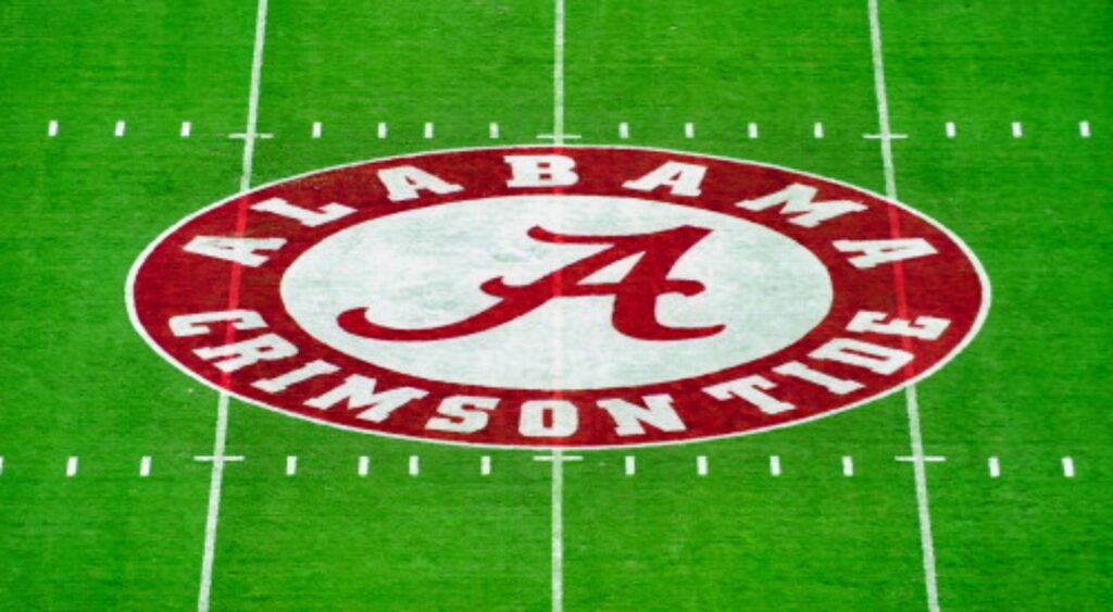 Alabama Crimson Tide logo on the field.