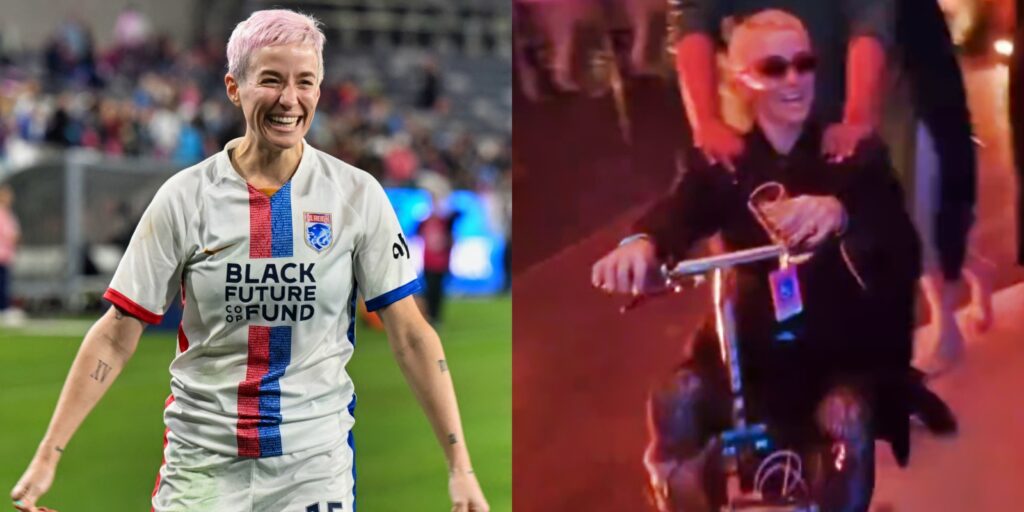 megan rapinoe in uniform and on scooter