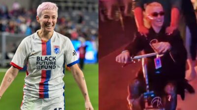 megan rapinoe in uniform and on scooter