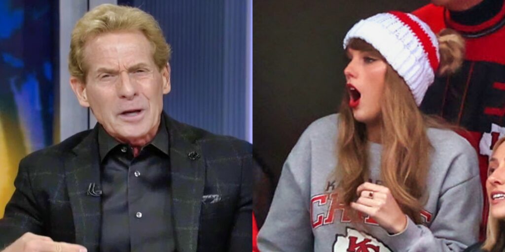 skip bayless on FS1 show while taylor swift is in Christmas hat in suite
