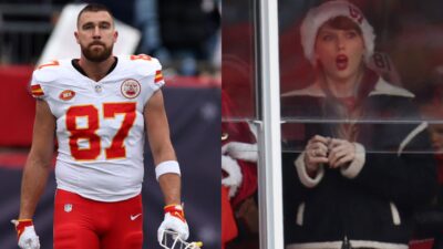 travis kelce in uniform. taylor swift in suite with shocked face