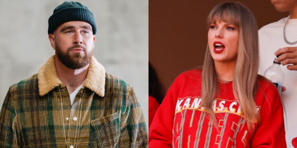Travis Kelce in sweater. Taylor Swift in Chiefs sweater