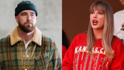 Travis Kelce in sweater. Taylor Swift in Chiefs sweater