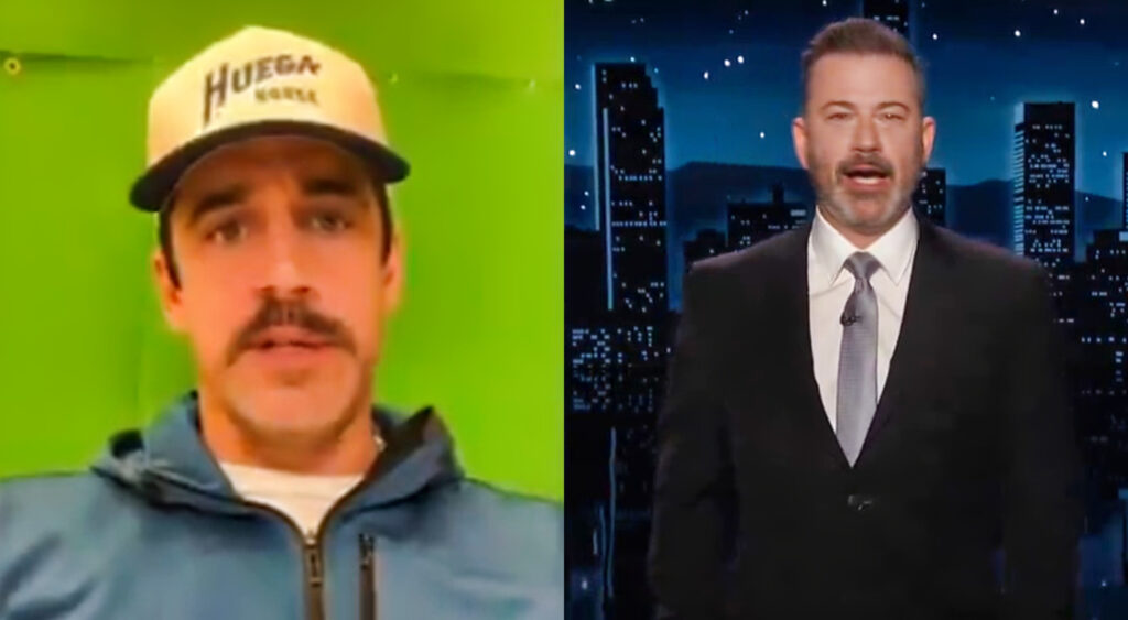 Photo of Aaron Rodgers wearing a cap and photo of Jimmy Kimmel wearing a suit