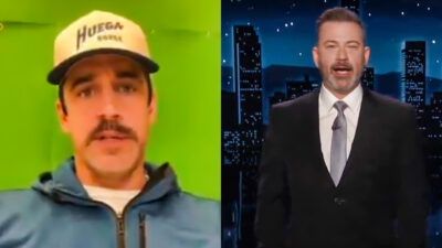 Photo of Aaron Rodgers wearing a cap and photo of Jimmy Kimmel wearing a suit