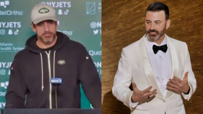 Photo of Aaron Rodgers speaking to reporters and photo of Jimmy Kimmel in white blazer