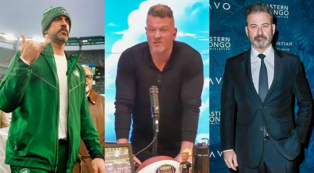 Photos of Aaron Rodgers in Jets gear, Pat McAfee speaking on his show, and Jimmy Kimmel in a suit