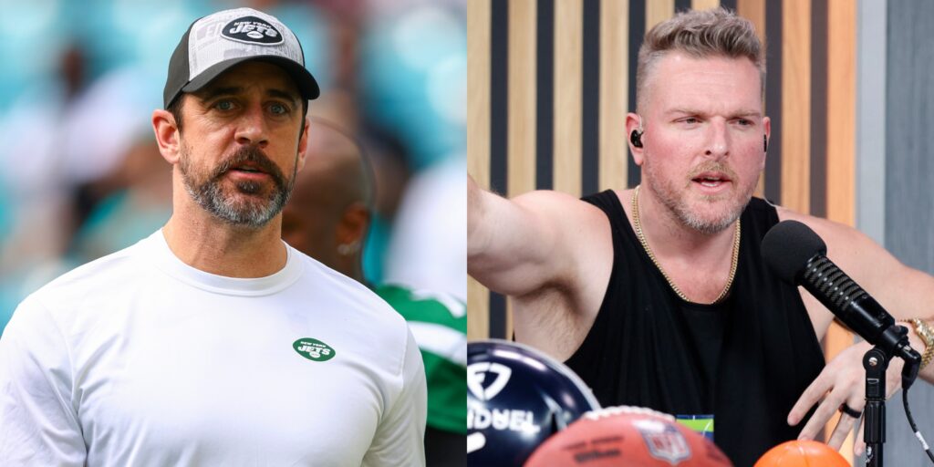 Aaron Rodgers in Jets gear. pat mcafee on podcast show