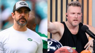 Aaron Rodgers in Jets gear. pat mcafee on podcast show