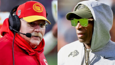 Photo of Andy Reid in Chiefs gear and photo of Deion Sanders in Colorado gear