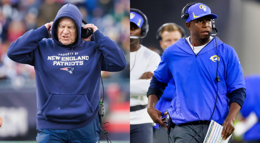 Photos of Bill Belichick and Raheem Morris on sidelines