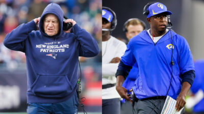 Photos of Bill Belichick and Raheem Morris on sidelines