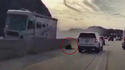 Cordell Patrick lying on freeway after getting flung from RV