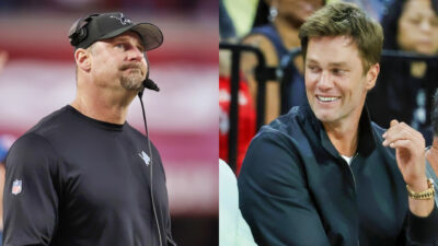Photo of Dan Campbell looking upward and photo of TomBrady smiling