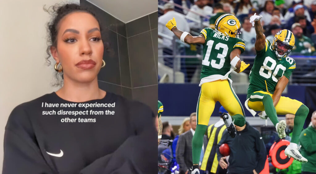 Photo of Darian Lassiter speaking in TikTok video and photo of Packers players celebrating touchdown