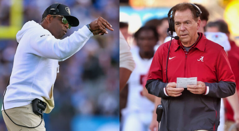 Photo of Deion Sanders gesturing and photo of Nick Saban holding a sheet of paper