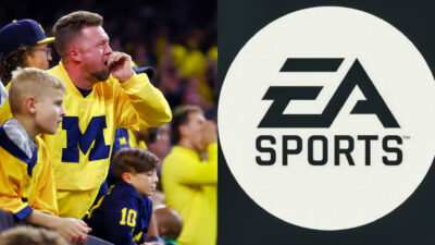Photo of fans in Michigan gear and photo of EA Sports logo