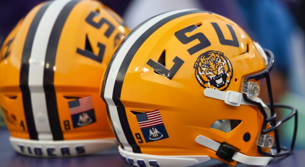 LSU helmets shown at Tiger Stadium.