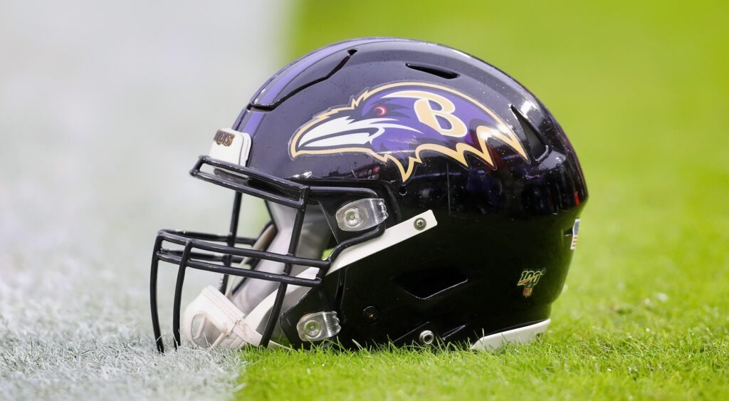 Baltimore Ravens helmet shown at M&T Bank Stadium.