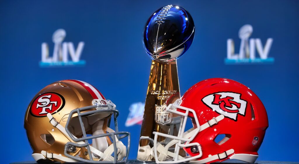 49ers and Chiefs helmets shown with Lombardi Trophy.