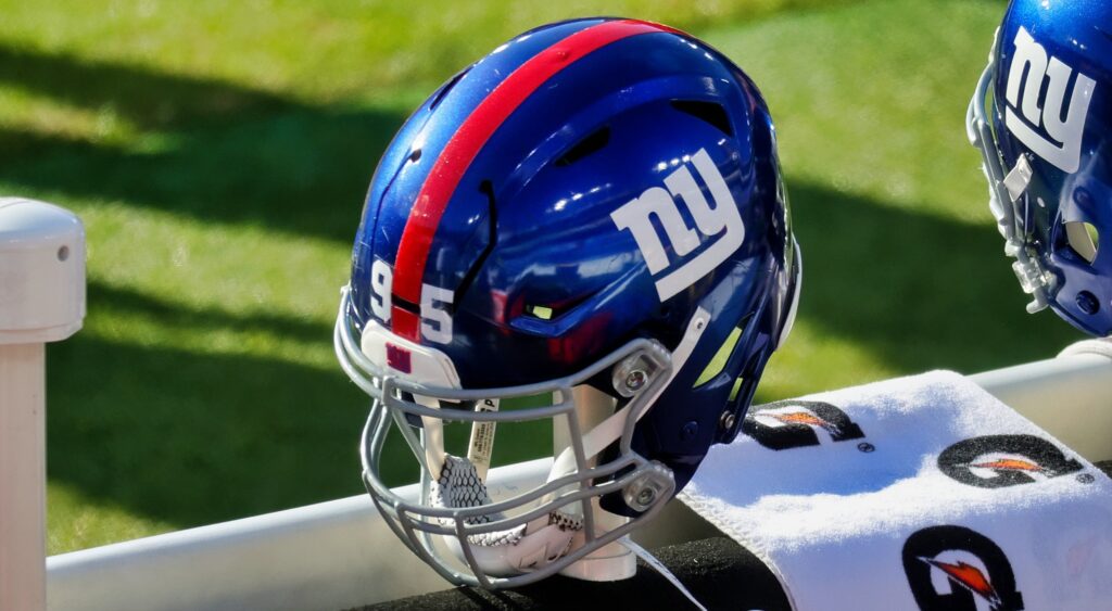 New York Giants helmet on the bench.