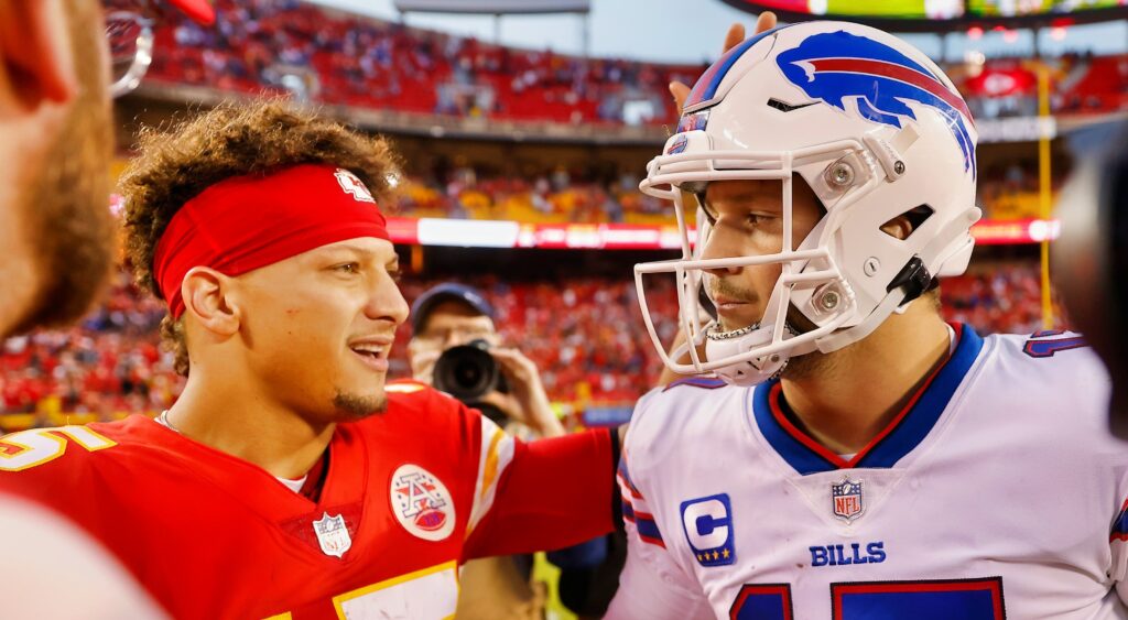 Josh Allen and Patrick Mahomes shake hands after a game.