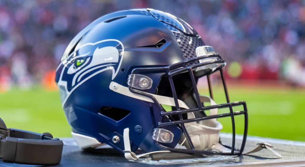 Seattle Seahawks helmet shown on sidelines.