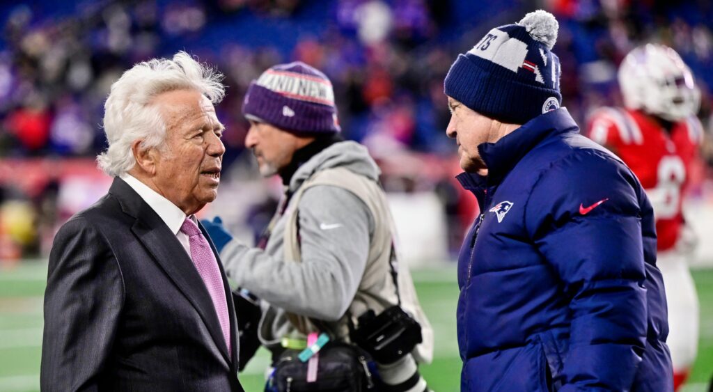 Robert Kraft (left) speaking to Bill Belichick (right) before New England Patriots game.