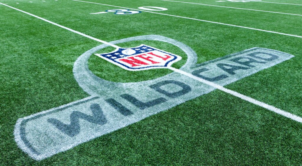 NFL wild card logo shown on field of Highmark Stadium.