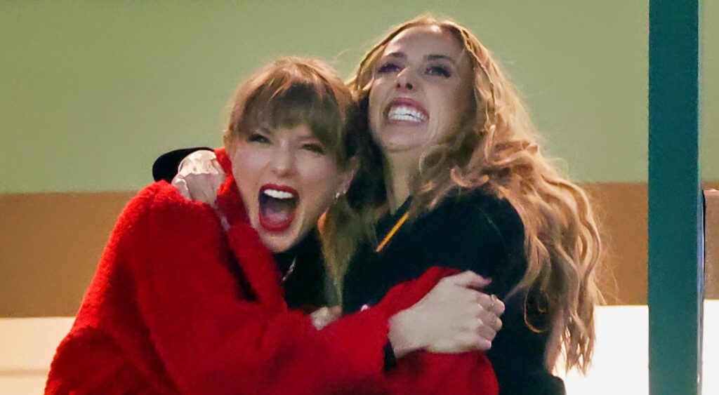 Taylor Swift (left) and Brittany Mahomes (right) celebrate in suite.