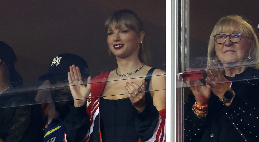 Taylor Swift (left) and Donna Kelce (right) celebrating at NFL game.