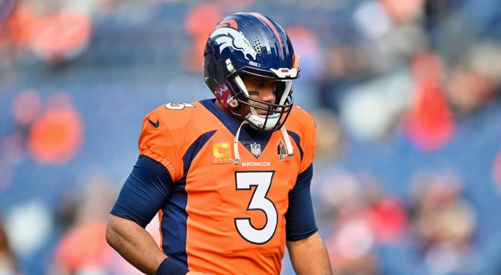 Russell Wilson of Denver Broncos looking on during warmups. 
