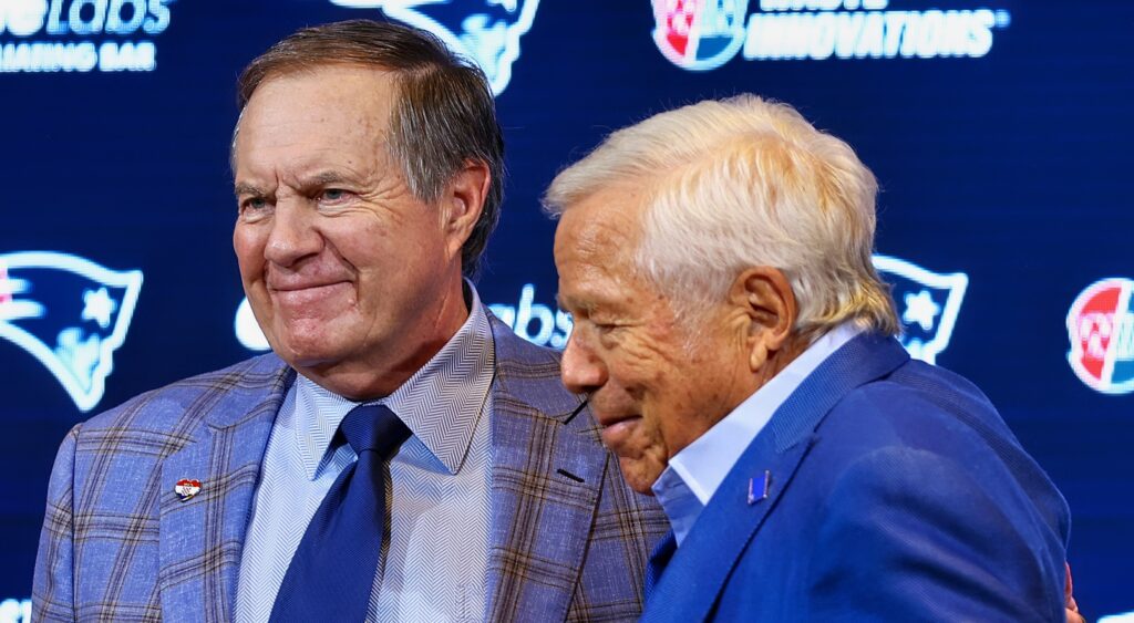 Bill Belichick (left) and Robert Kraft (right) at Patriots press conference.