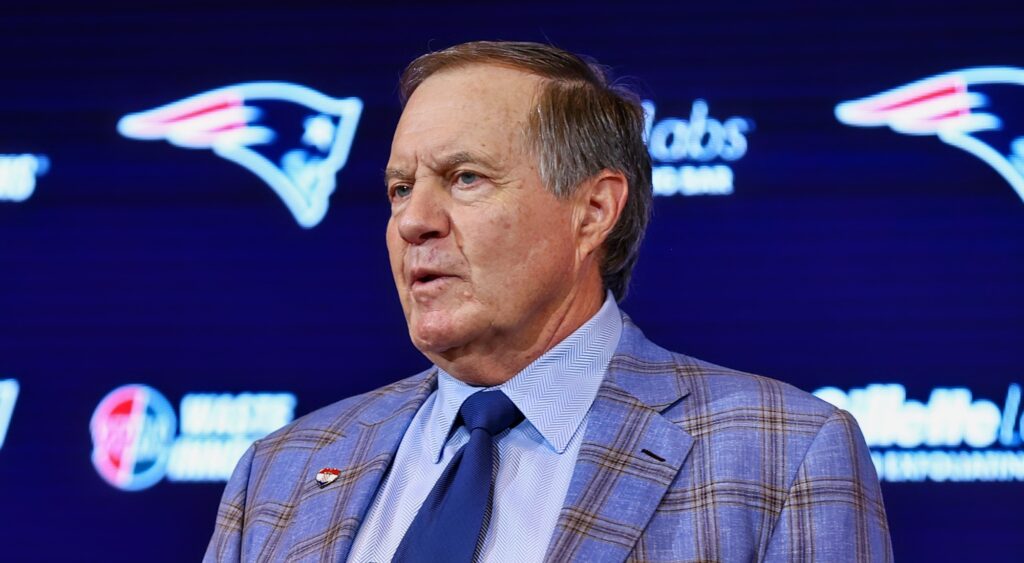 New England Patriots head coach Bill Belichick speaking at conference.