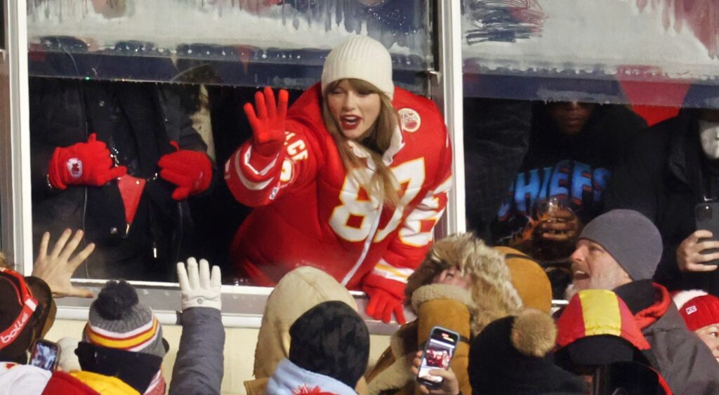Taylor Swift celebrating at Kansas City Chiefs game.