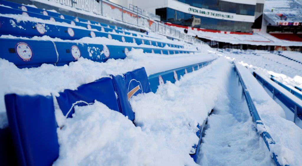Highmark stadium seats covered in snow.