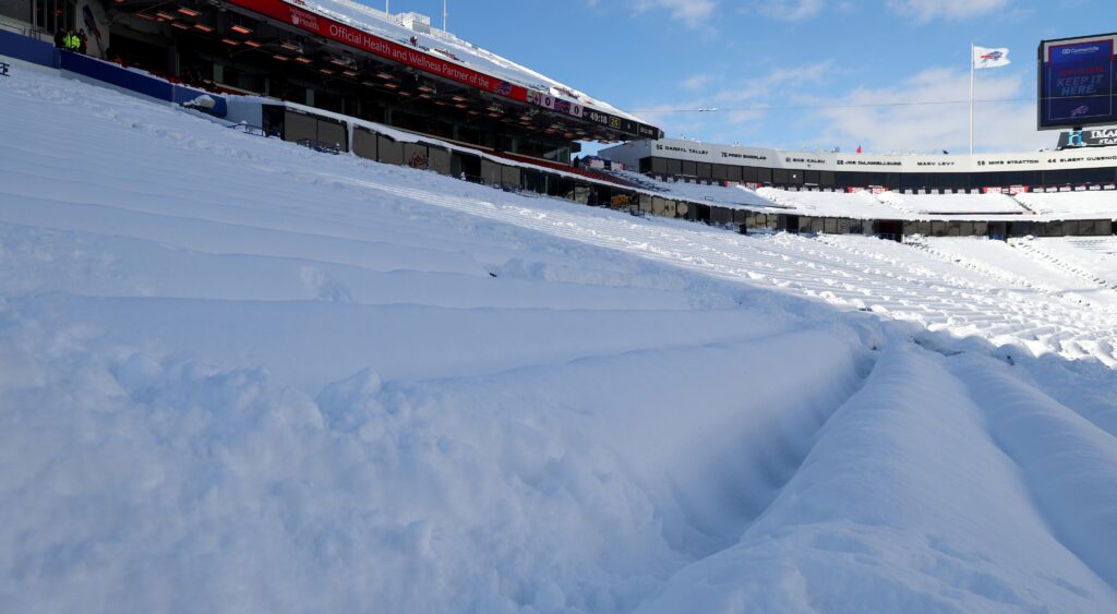 Highmark stadium filled with snow