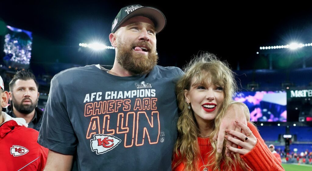 Travis Kelce (left) and Taylor Swift (right) celebrate after AFC Championship.
