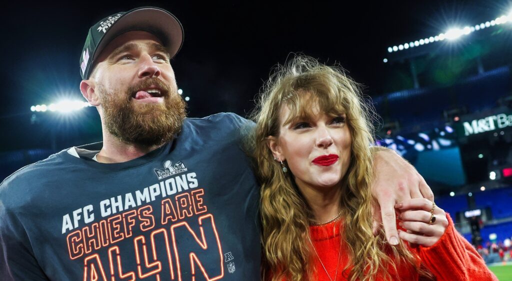 Travis Kelce (left) and Taylor Swift (right) celebrating after AFC Championship Game.