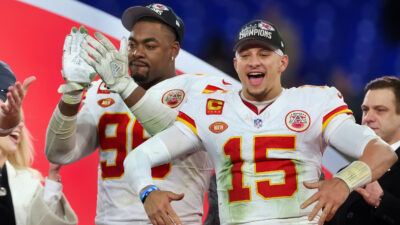 Chris Jones and Patric Mahomes celebrating AFC Title win