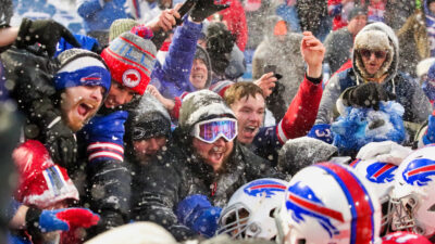 Buffalo Bills fans cheering in snow