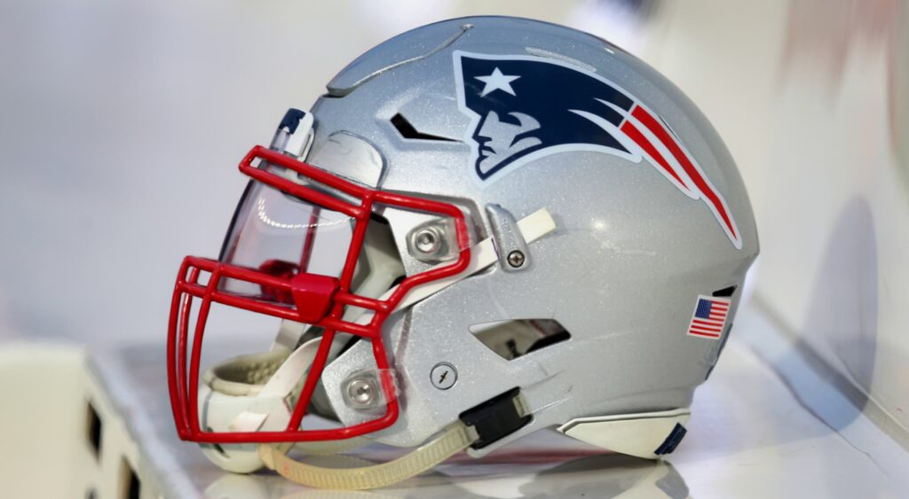 New England Patriots helmet shown at Gillette Stadium.