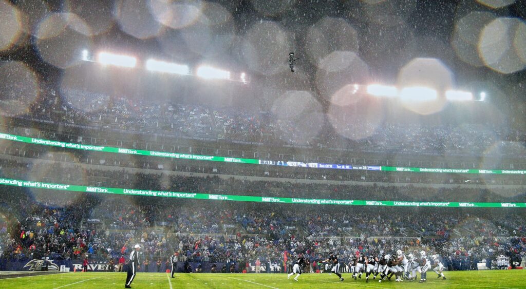 Rain falls during a game at M&T Bank Stadium
