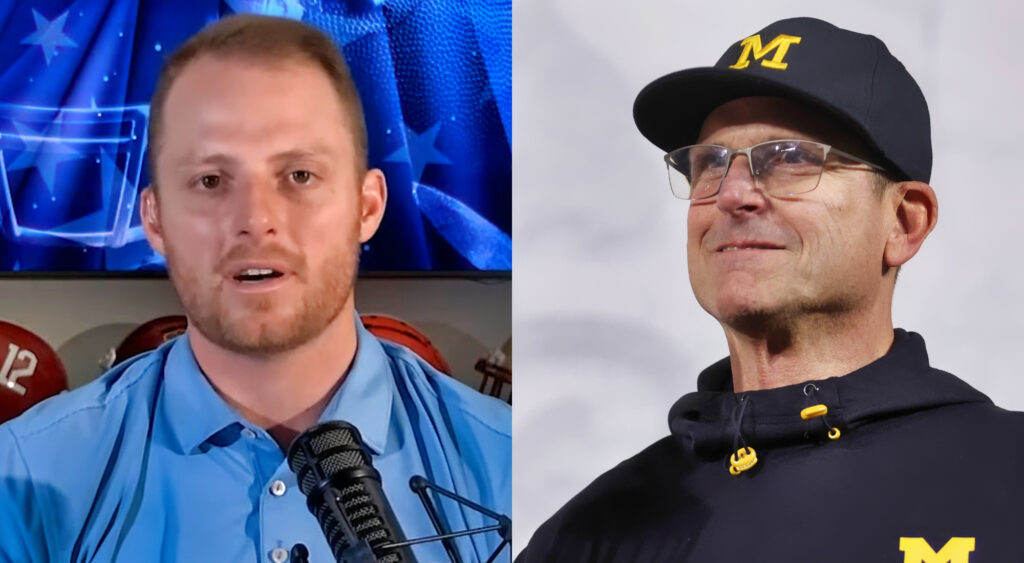 Photo of Greg McElroy speaking into mic and photo of Jim Harbaugh smiling