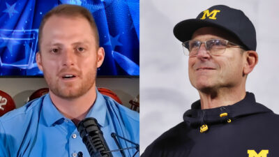 Photo of Greg Olsen speaking into mic and photo of Jim Harbaugh smiling
