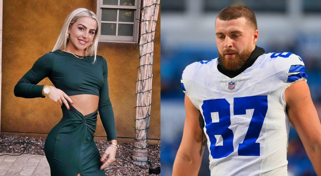 Photo of Haley Cavinder in green outfit and photo of Jake Ferguson in Cowboys jersey
