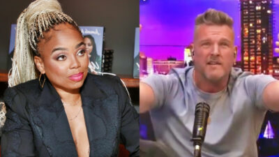 Photo of Jemele Hill in black outfit and photo of Pat McAfee speaking