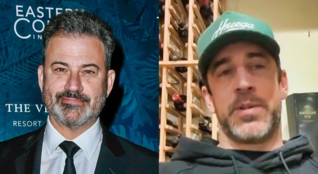 Jimmy Kimmel smiling for photo (left). Aaron Rodgers speaking on Pat McAfee's show (right).