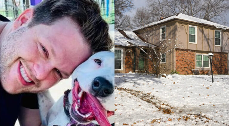 Photo odf Jordan Willis next to dog and photo of rental home where he lived