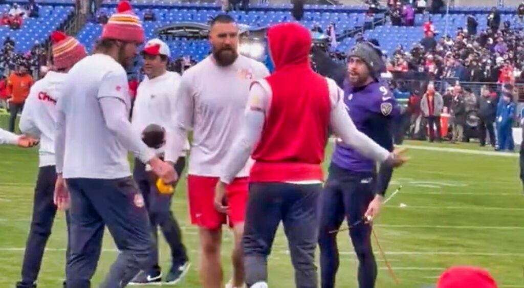 Justin Tucker confronts Patrick Mahomes and Travis Kelce.